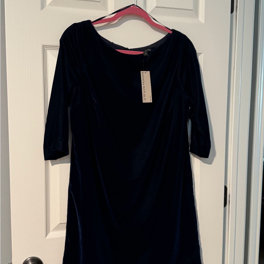 NWT Banana Republic Petite Blue Velvet Elbow-Length Sleeve Boat Neck Shift Dress